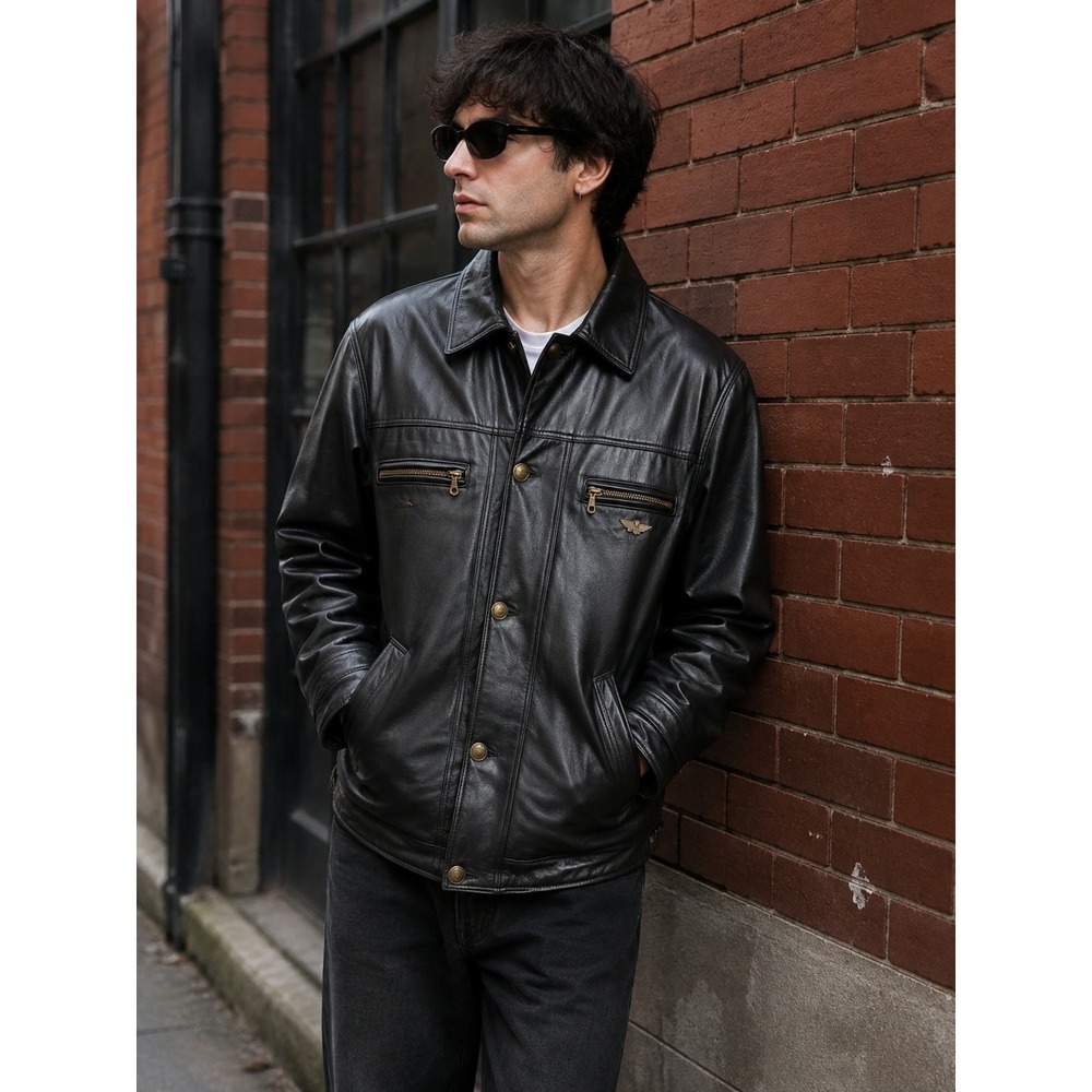 VTG Reportage RGA Mens Black Faux Leather Jacket Made in Italy Button Up Coat XL